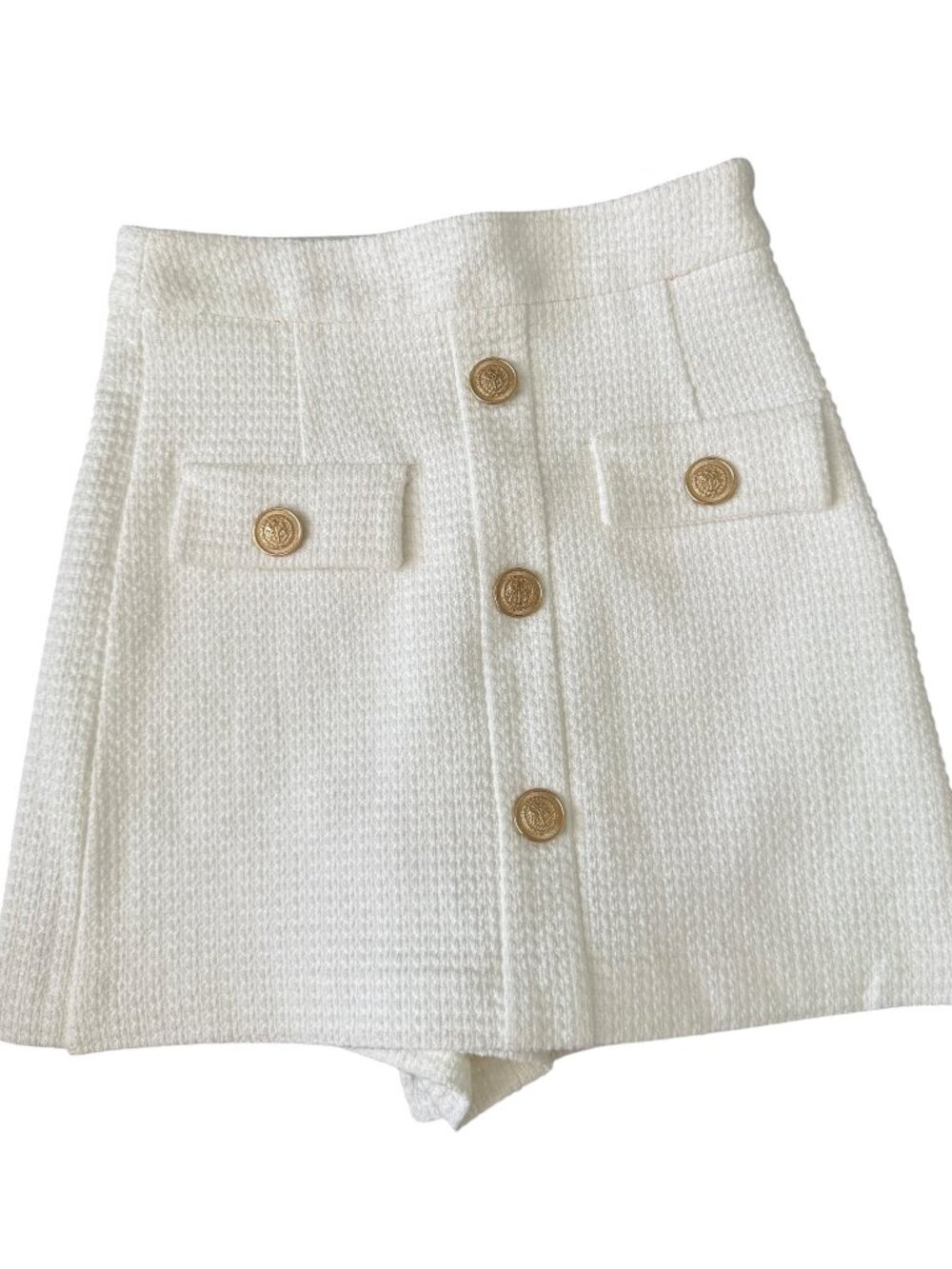 ZARA Textured Tweed Skort – XS- White/Gold Accents- Mini Skort